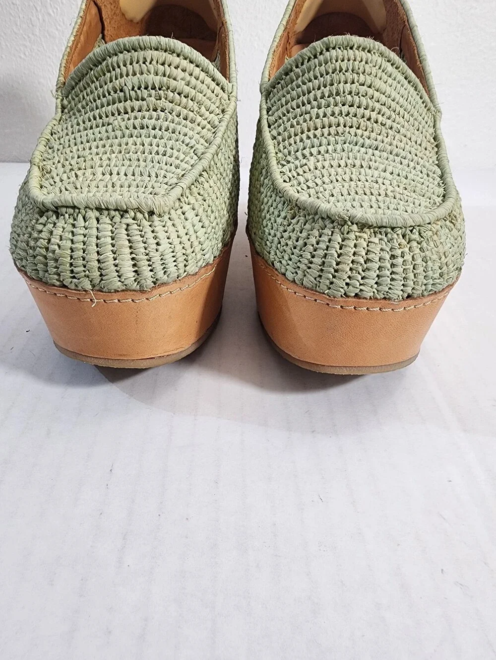 Carven x Robert Clergerie Raffia Platform Loafers Leather Sage Green EU 39.5